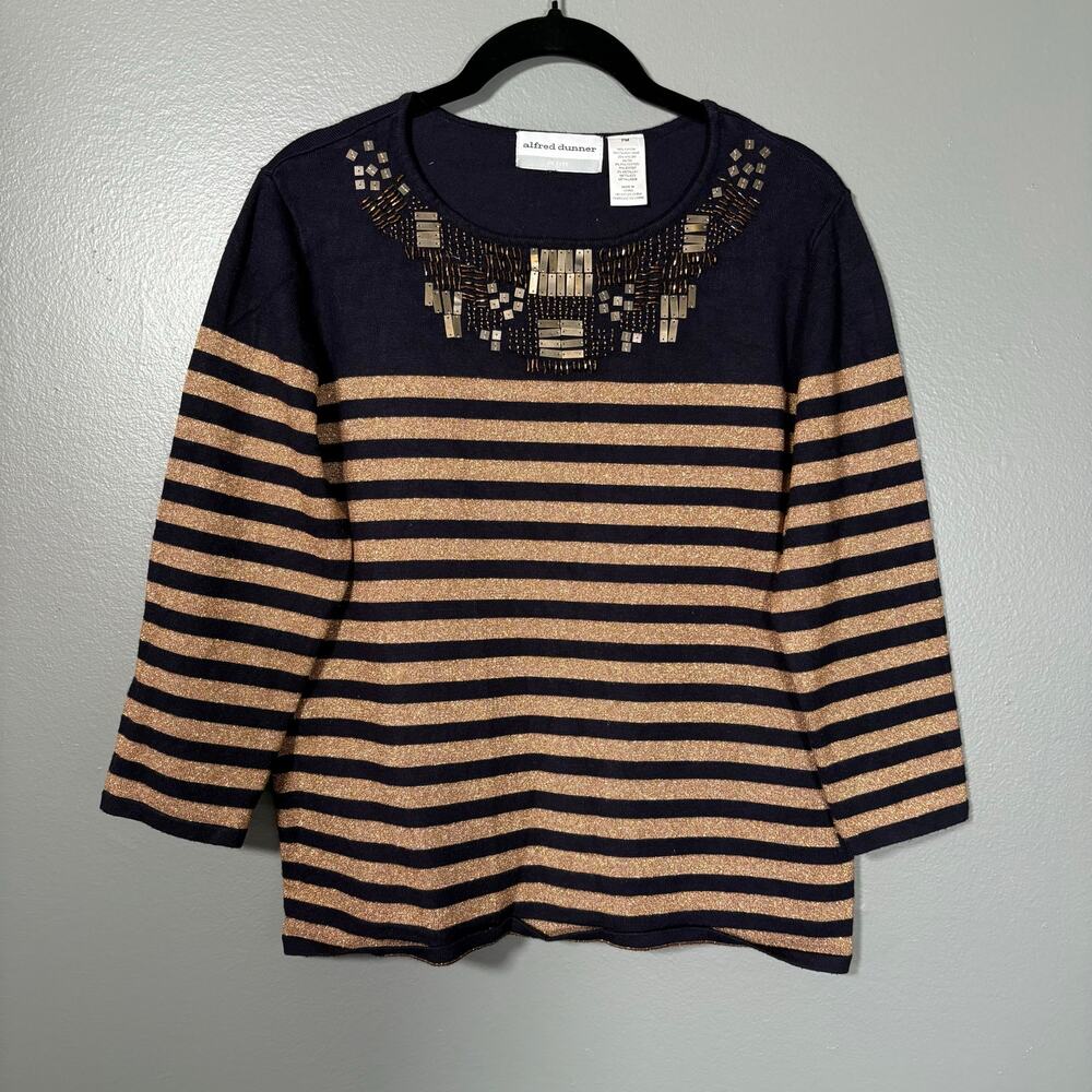 Alfred Dunner Women's Beaded Metallic Striped Knit Top - Size Petite Medium (PM)